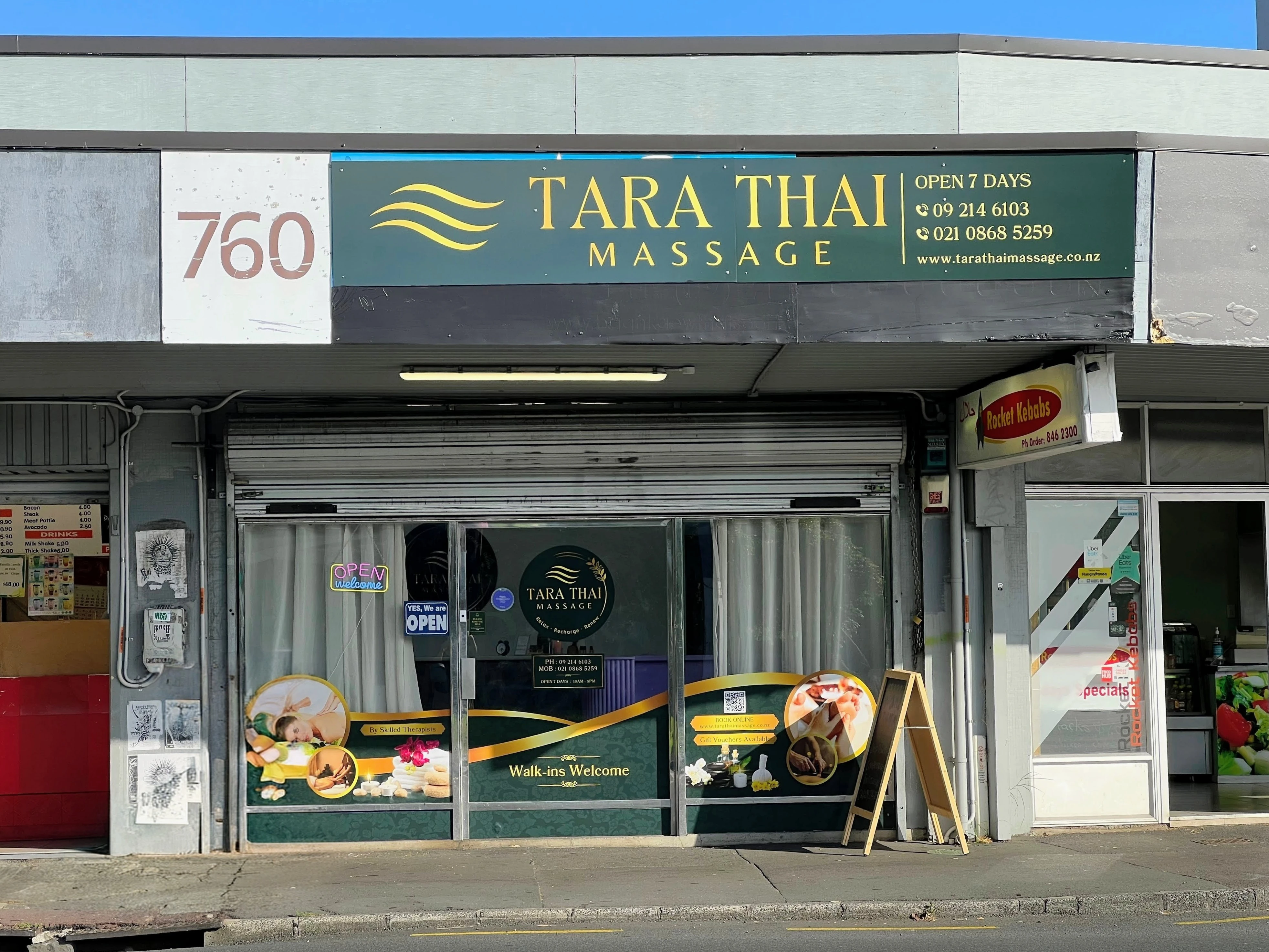 Exterior of Tara Thai Massage in Mount Albert, Auckland, showing the shop entrance and storefront signage welcoming walk-in customers.